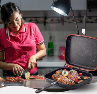 Sartén Doble Parrilla DUAL GRILL™ 4 en 1 Fríe, Hornea, Cocina al Vapor y Parrilla