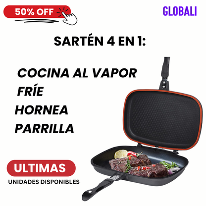 Sartén Doble Parrilla DUAL GRILL™ 4 en 1  Fríe, Hornea, Cocina al Vapor y Parrilla