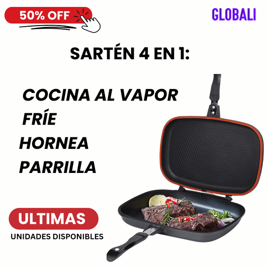 Sartén Doble Parrilla DUAL GRILL™ 4 en 1  Fríe, Hornea, Cocina al Vapor y Parrilla