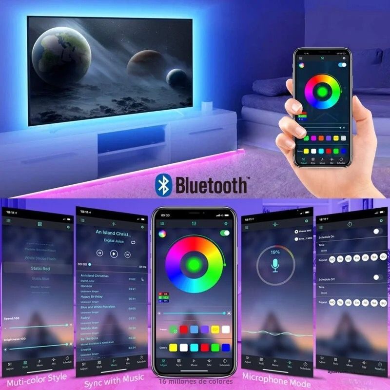 Cinta LED con Bluetooth por 5mts para TV / PC / PAREDES / ESCALERAS