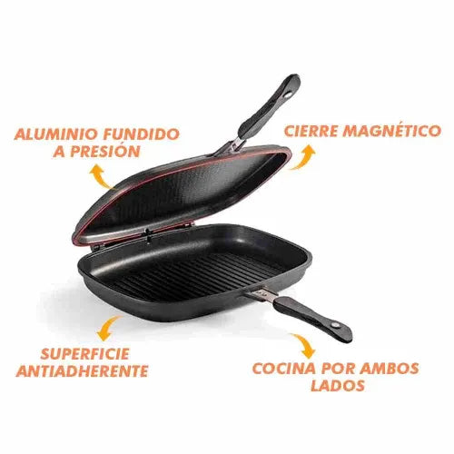 Sartén Doble Parrilla DUAL GRILL™ 4 en 1  Fríe, Hornea, Cocina al Vapor y Parrilla