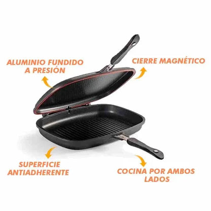 Sartén Doble Parrilla DUAL GRILL™ 4 en 1  Fríe, Hornea, Cocina al Vapor y Parrilla